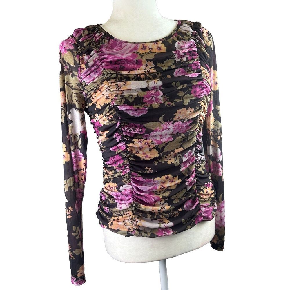 Anthropologie Maeve Sheer Ruched Retro Disco Mesh Long Sleeve Size S Scoop Neck - Picture 3 of 12